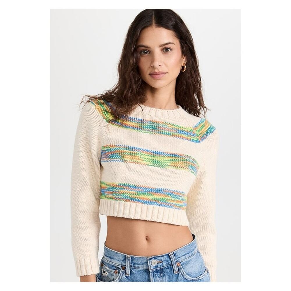 NWT Re/Done Baby Stripe Crewneck Cropped Sweater Women's S Cream Coastal Chic